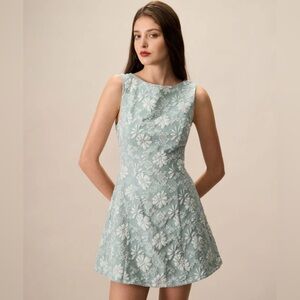 Women's Green Boat Neck Jacquard Mini Dress